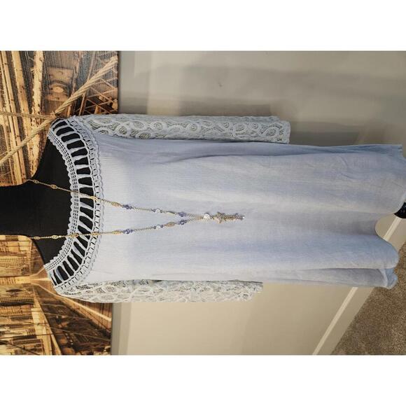 Jodifl Light Blue Off-Shoulder Dress with Lace Sleeves - Picture 1 of 7